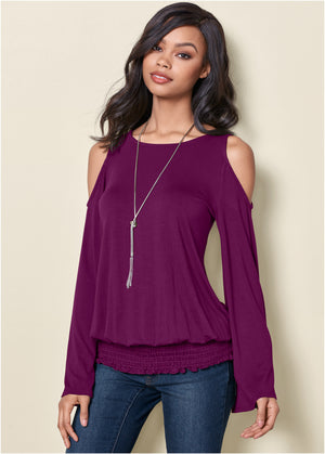 Cold-Shoulder Blouson Top - Dark Purple - thumbnail-1