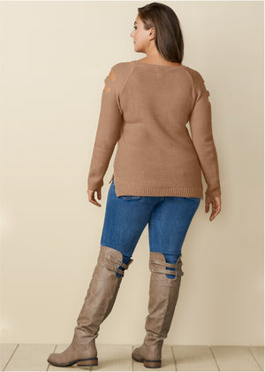 Cutout Sleeve Sweater - Tan - thumbnail-16