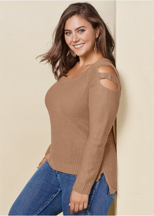 Cutout Sleeve Sweater - Tan - thumbnail-17