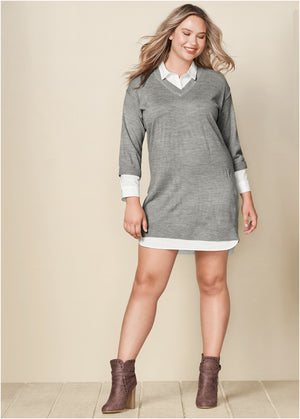 Layered Sweater Dress - Heather Grey Multi - thumbnail-8