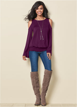 Cold-Shoulder Blouson Top - Dark Purple - thumbnail-2