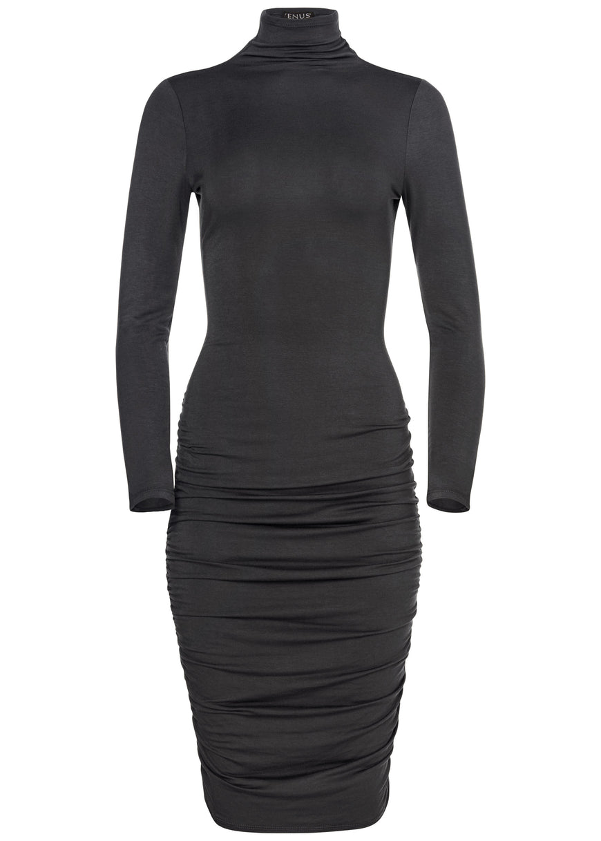 Long Sleeve Ruched Dress - Black