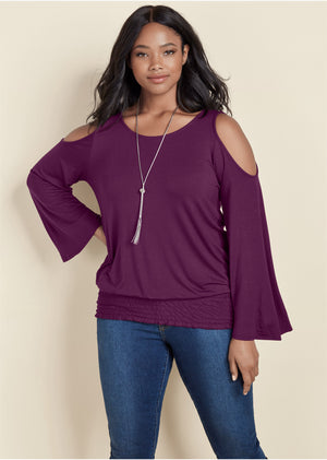 Cold-Shoulder Blouson Top - Dark Purple - thumbnail-8