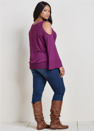 Cold-Shoulder Blouson Top - Dark Purple - thumbnail-10