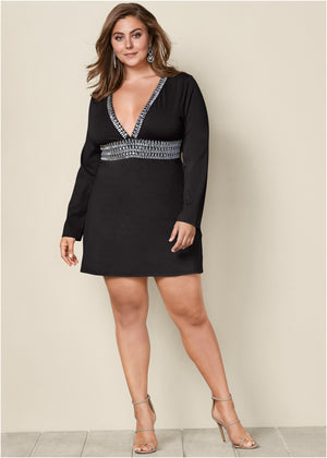 Plunging Embellished Dress - Black - thumbnail-7