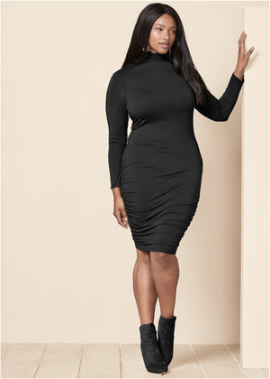 Long Sleeve Ruched Dress - Black - thumbnail-9