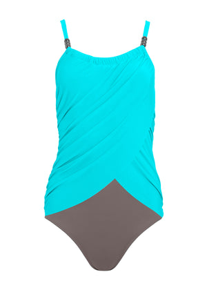 Slimming Draped One-Piece - Aqua Reef & Stone - thumbnail-3