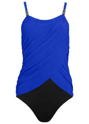 Slimming Draped One-Piece - Cobalt & Black - thumbnail-3