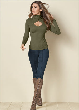 Cutout Mock-Neck Top - Olive - thumbnail-2