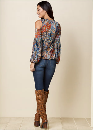 Cold-Shoulder Paisley Top - Orange Multi - thumbnail-3