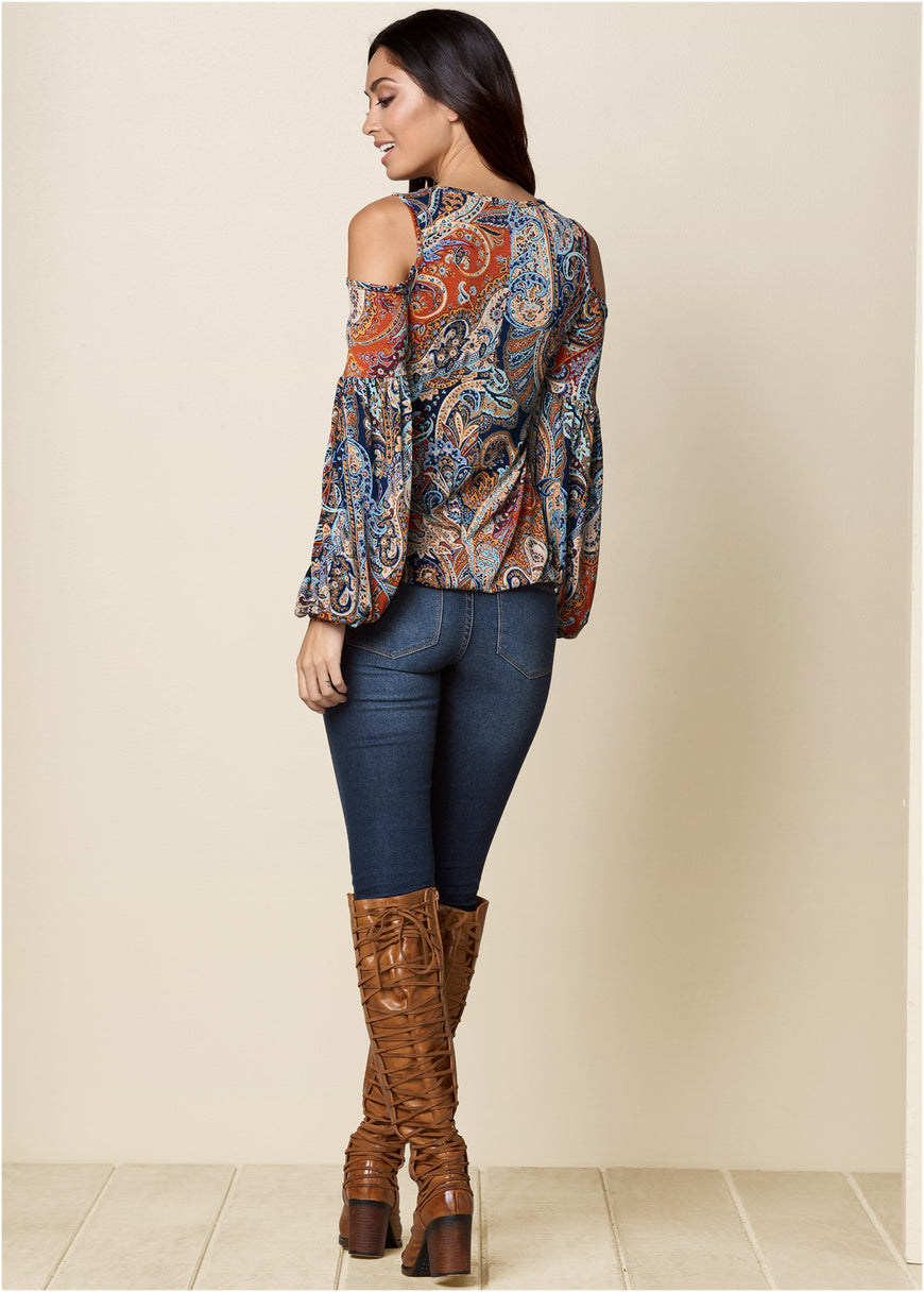 Cold-Shoulder Paisley Top - Orange Multi