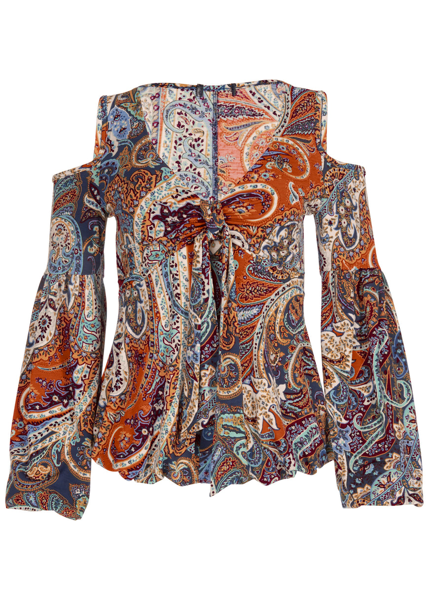 Cold-Shoulder Paisley Top - Orange Multi