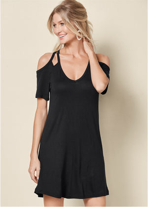 Cold-shoulder dress - Black - thumbnail-1