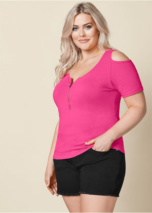 Cold-Shoulder Zipper Top - Pink - thumbnail-5