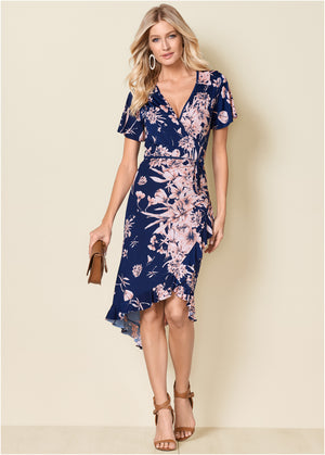 Floral Print Wrap Dress - Navy Multi - thumbnail-1