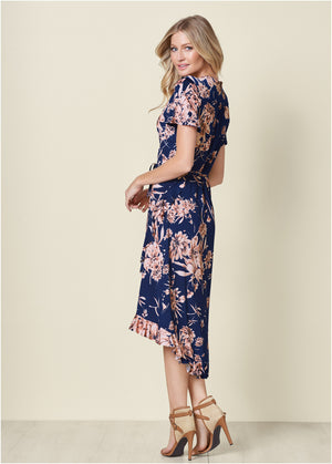 Floral Print Wrap Dress - Navy Multi - thumbnail-2