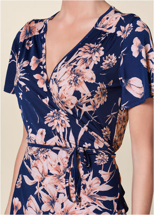 Floral Print Wrap Dress - Navy Multi - thumbnail-3