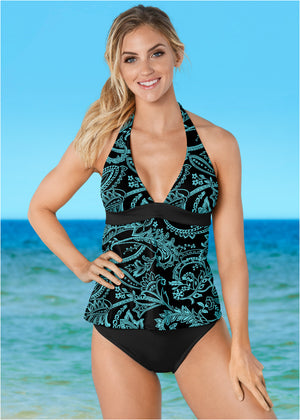 Halter Tankini - Mint & Black Paisley - thumbnail-1