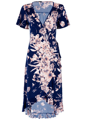 Floral Print Wrap Dress - Navy Multi - thumbnail-5