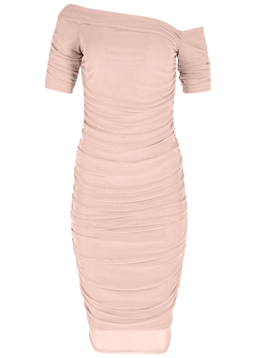 Ruched Mesh Bodycon Dress - Blush