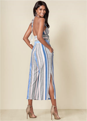 Tassel Halter Jumpsuit - Light Blue Multi - thumbnail-2