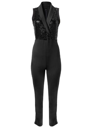 Sequin Tuxedo Jumpsuit - Black - thumbnail-5