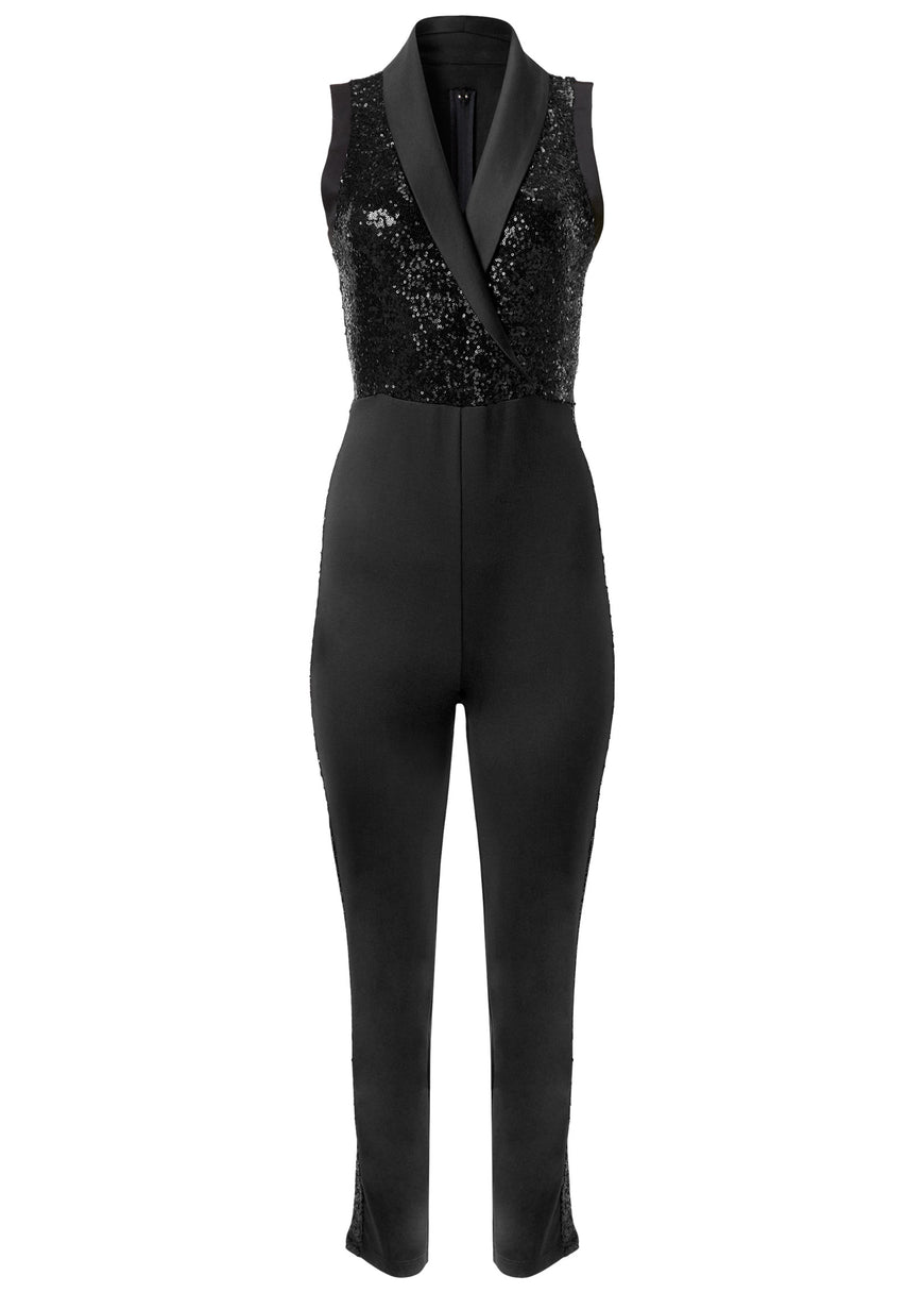 Sequin Tuxedo Jumpsuit - Black