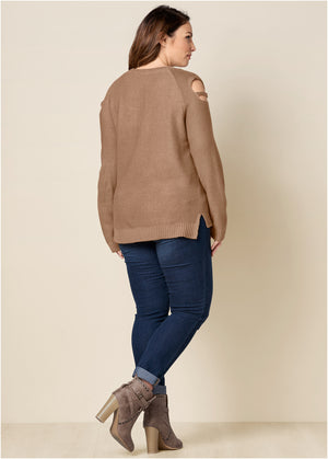 Cutout Sleeve Sweater - Tan - thumbnail-13