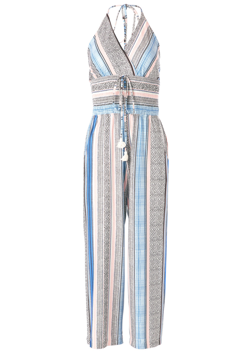 Tassel Halter Jumpsuit - Light Blue Multi