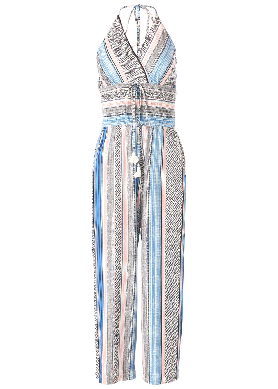 Tassel halter jumpsuit - Light Blue Multi