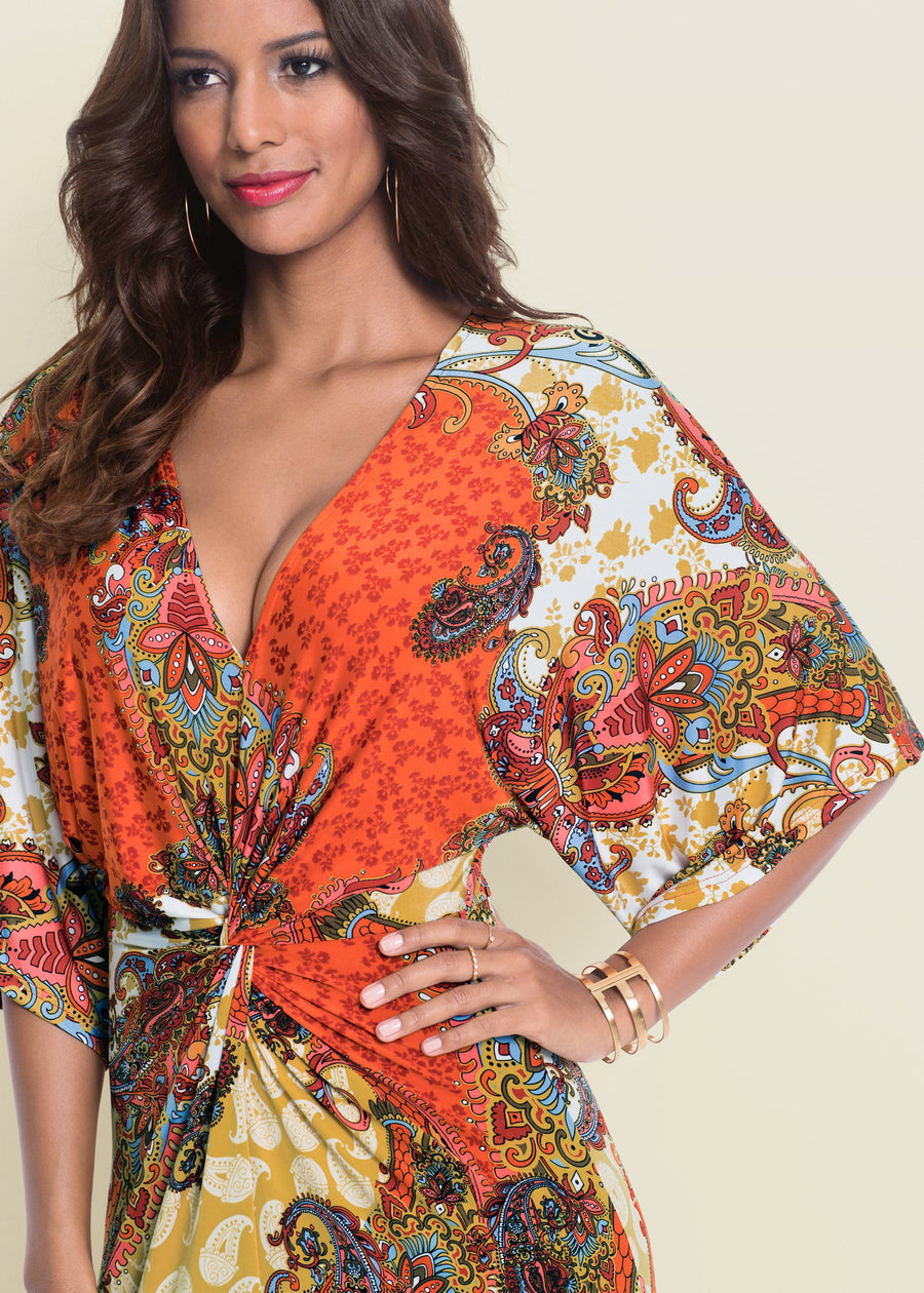 Robe longue torsadée sur le devant - Orange Multi