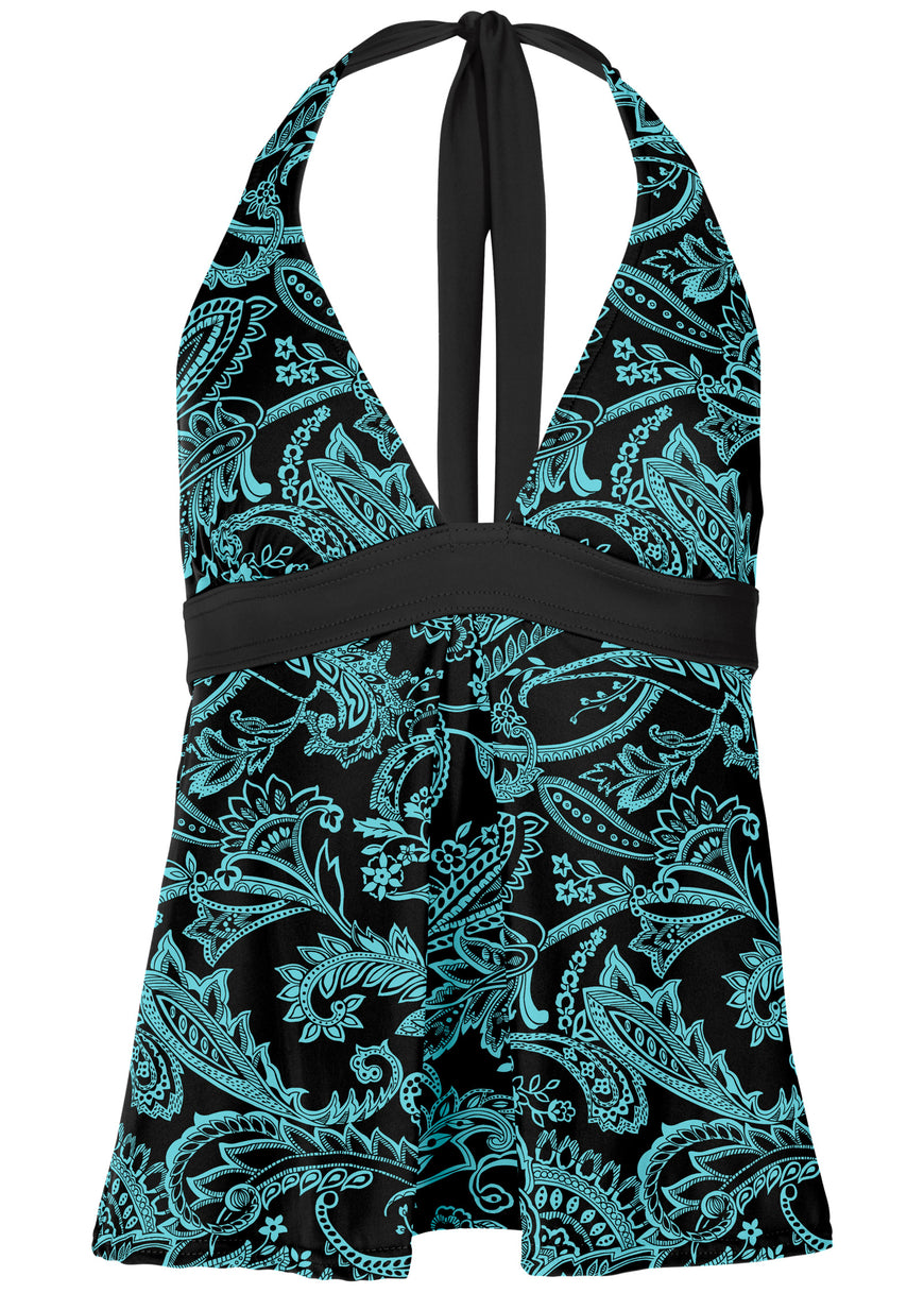 Halter Tankini - Mint & Black Paisley