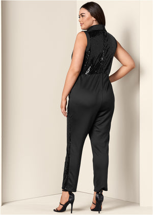 Sequin Tuxedo Jumpsuit - Black - thumbnail-7