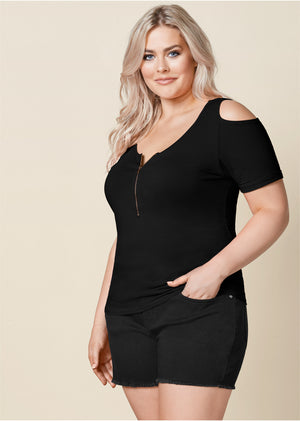 Cold-Shoulder Zipper Top - Black - thumbnail-4