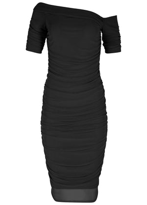 Ruched Mesh Bodycon Dress - Black - thumbnail-5