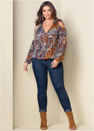 Cold-Shoulder Paisley Top - Orange Multi - thumbnail-10