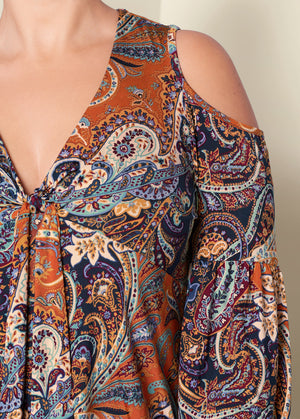 Cold-Shoulder Paisley Top - Orange Multi - thumbnail-12