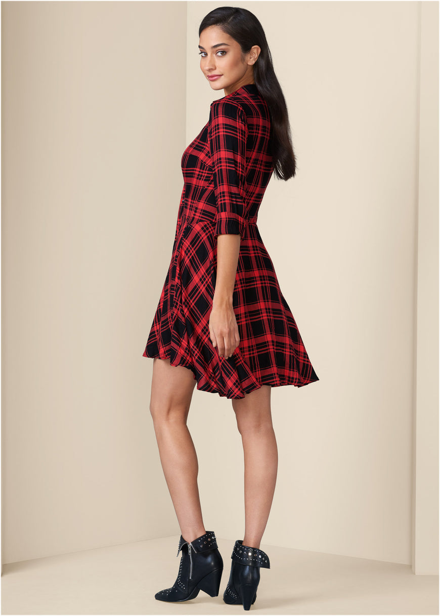 Plaid High Low Dress - Red Multi