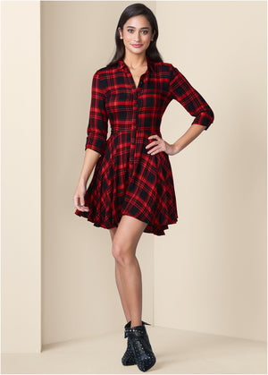 Plaid High Low Dress - Red Multi - thumbnail-2