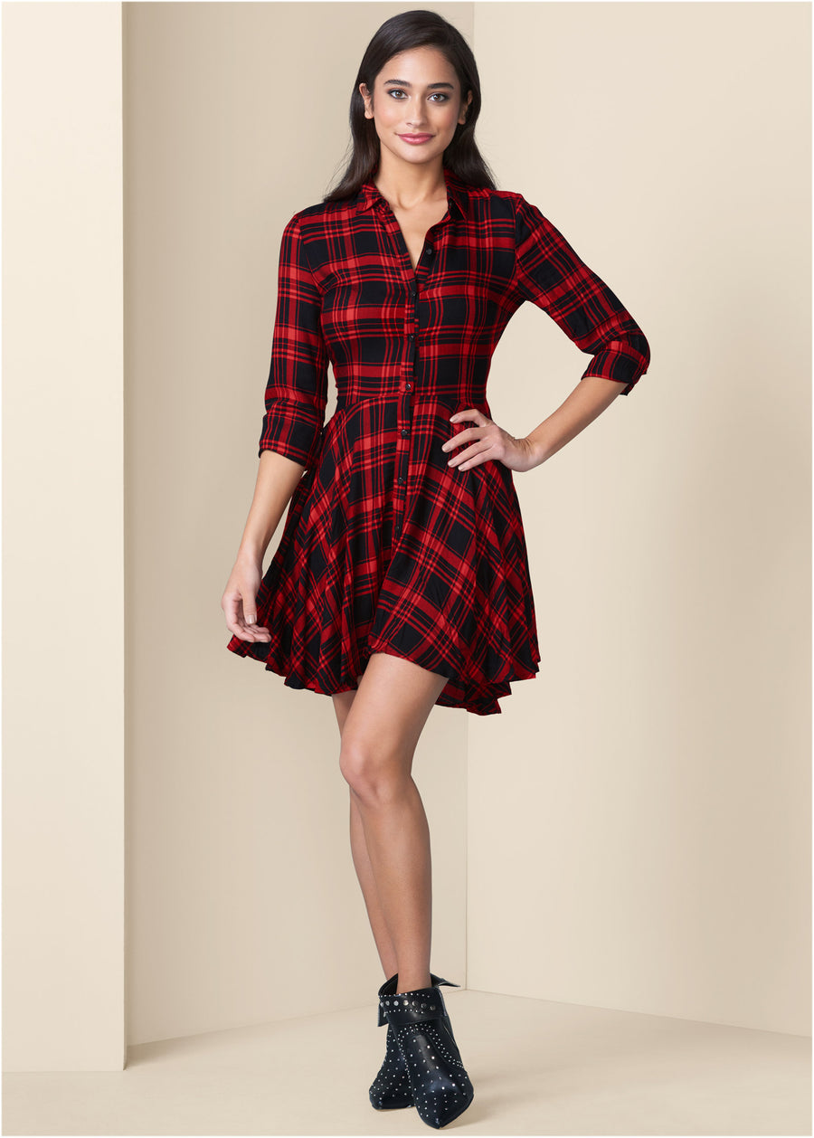 Plaid High Low Dress - Red Multi