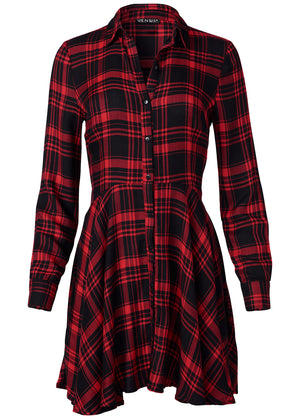 Plaid High Low Dress - Red Multi - thumbnail-6