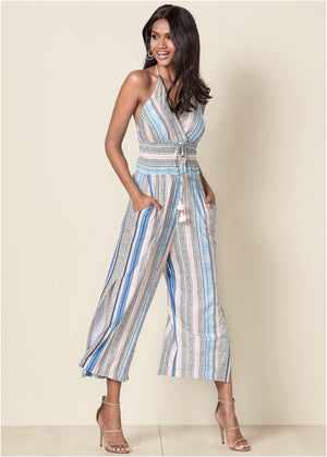 Tassel Halter Jumpsuit - Light Blue Multi - thumbnail-1