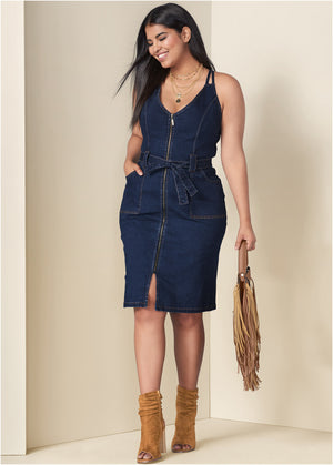 Denim Dress With Zipper - Dark Wash - thumbnail-10