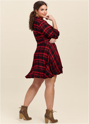 Plaid High Low Dress - Red Multi - thumbnail-9