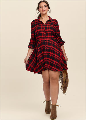 Plaid High Low Dress - Red Multi - thumbnail-8