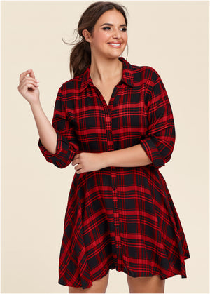 Plaid High Low Dress - Red Multi - thumbnail-7