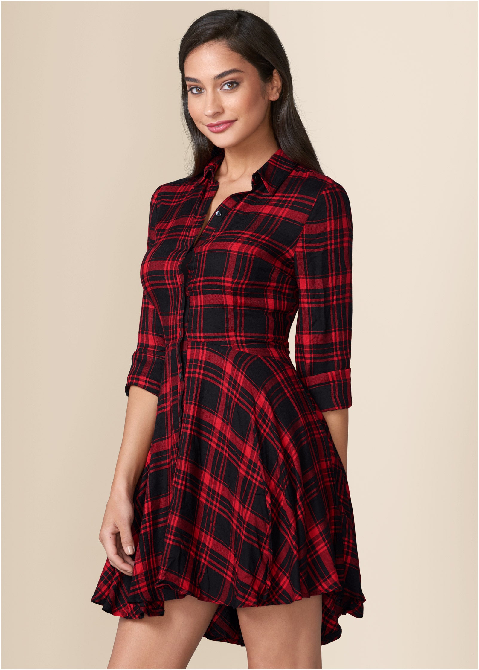 Plaid High Low Dress - Red Multi