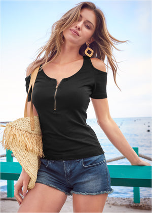 Cold-Shoulder Zipper Top - Black - thumbnail-1