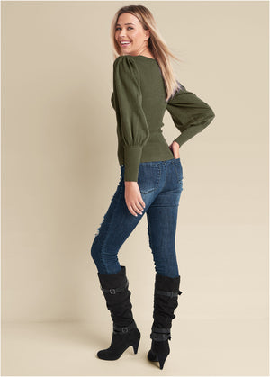 Pull manches bouffantes - Olive - thumbnail-2