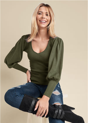 Pull manches bouffantes - Olive - thumbnail-1